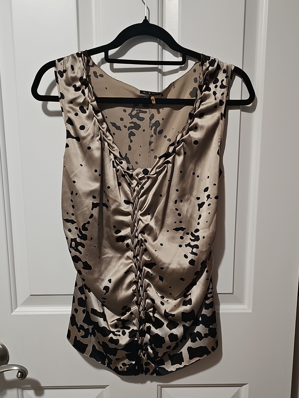 Elie Tahari Medium Taupe and Black Satin Ruched Sleeveless Blouse New WithoutTag